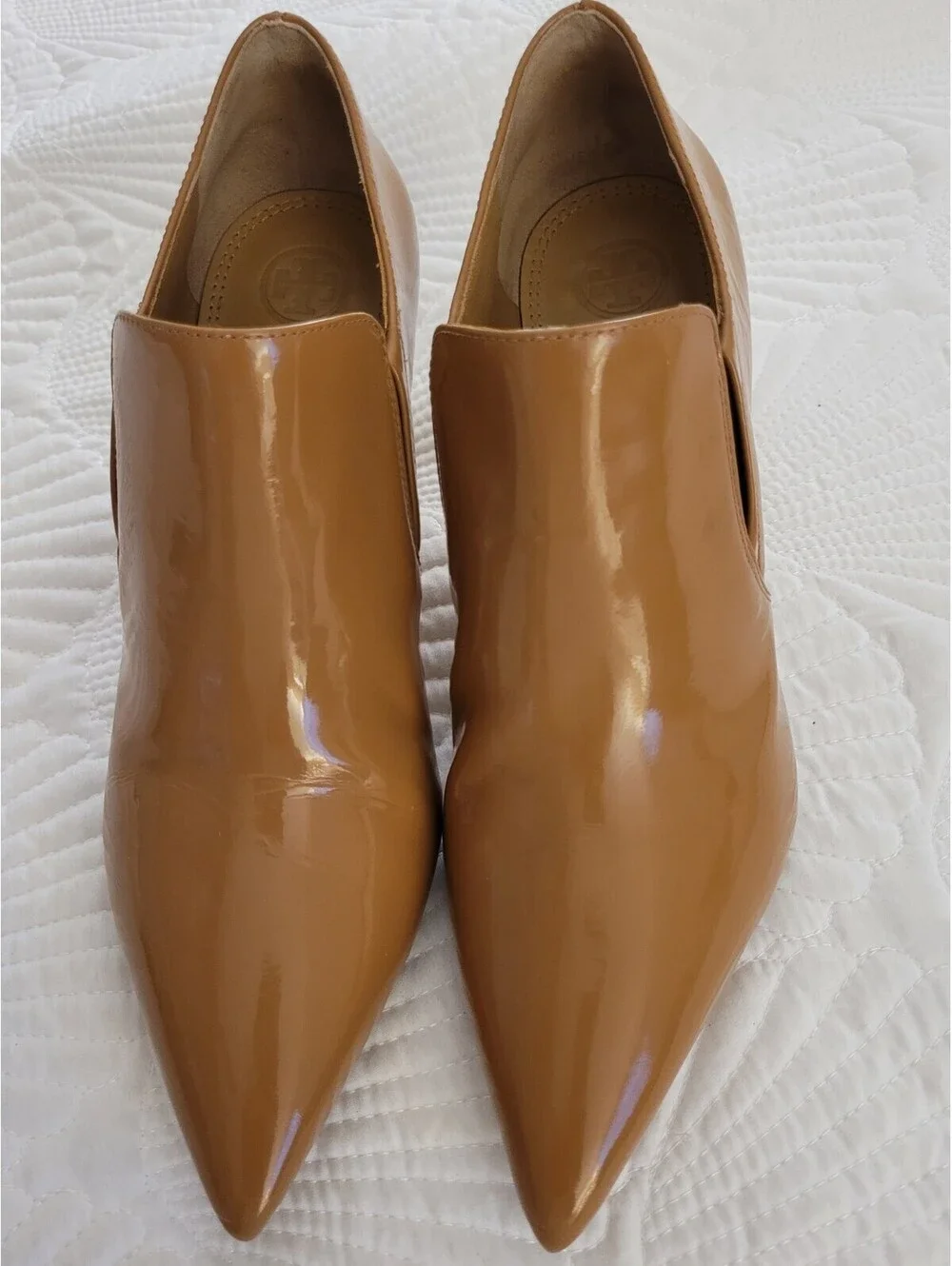 Tori Burch Georgina Ankle Bootie Sz 9 Tan Patent Leather Pointy Toe Minimalist